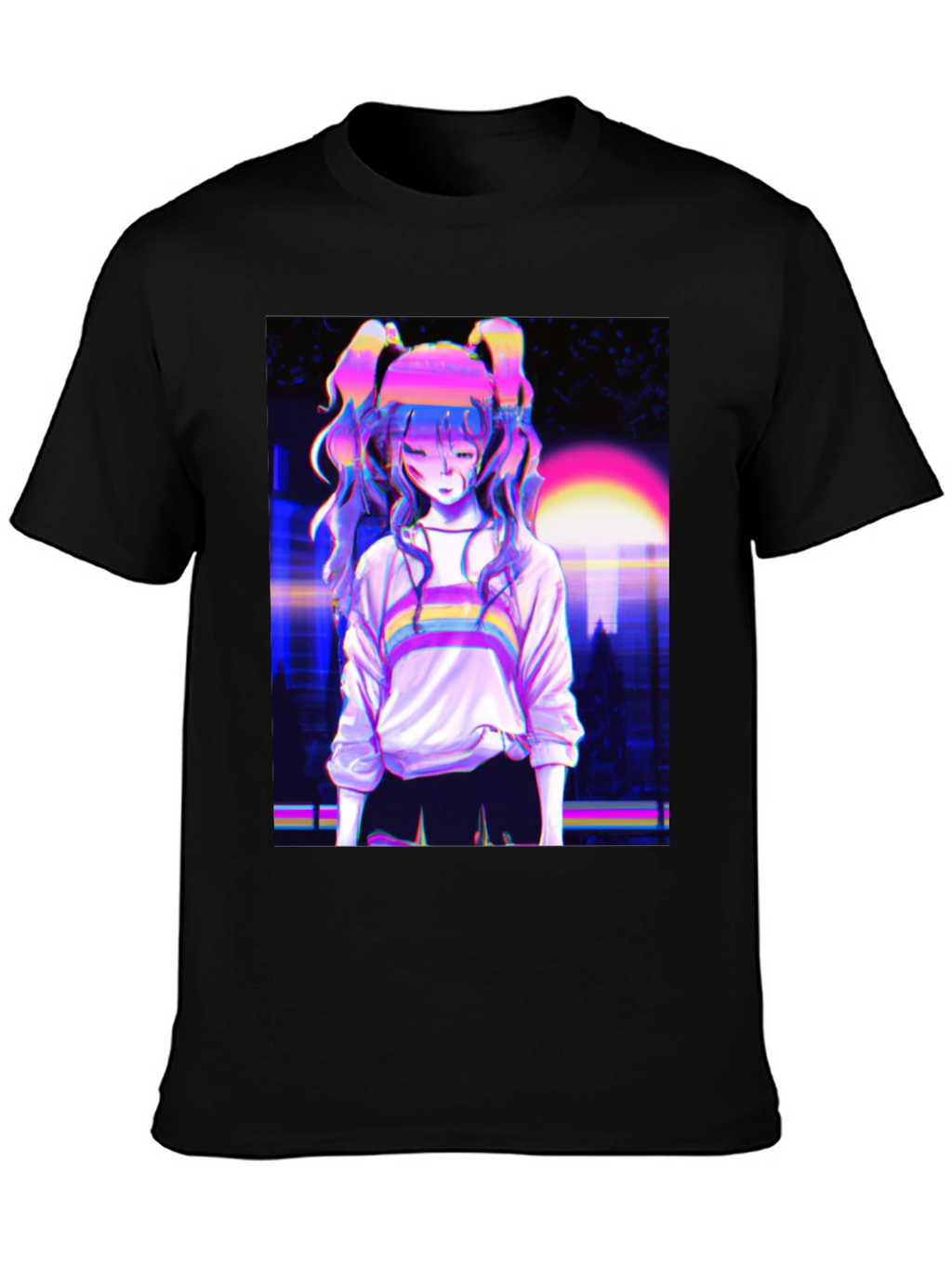 Vaporwave Anime Girl Graphic Black T-Shirt