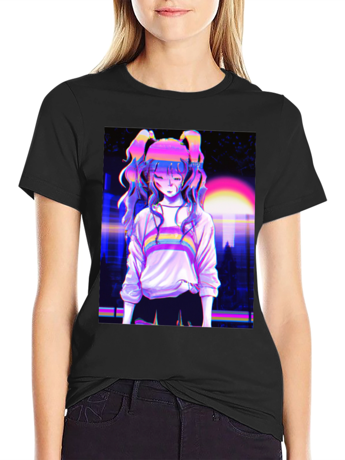 Vaporwave Anime Girl Graphic Black T-Shirt