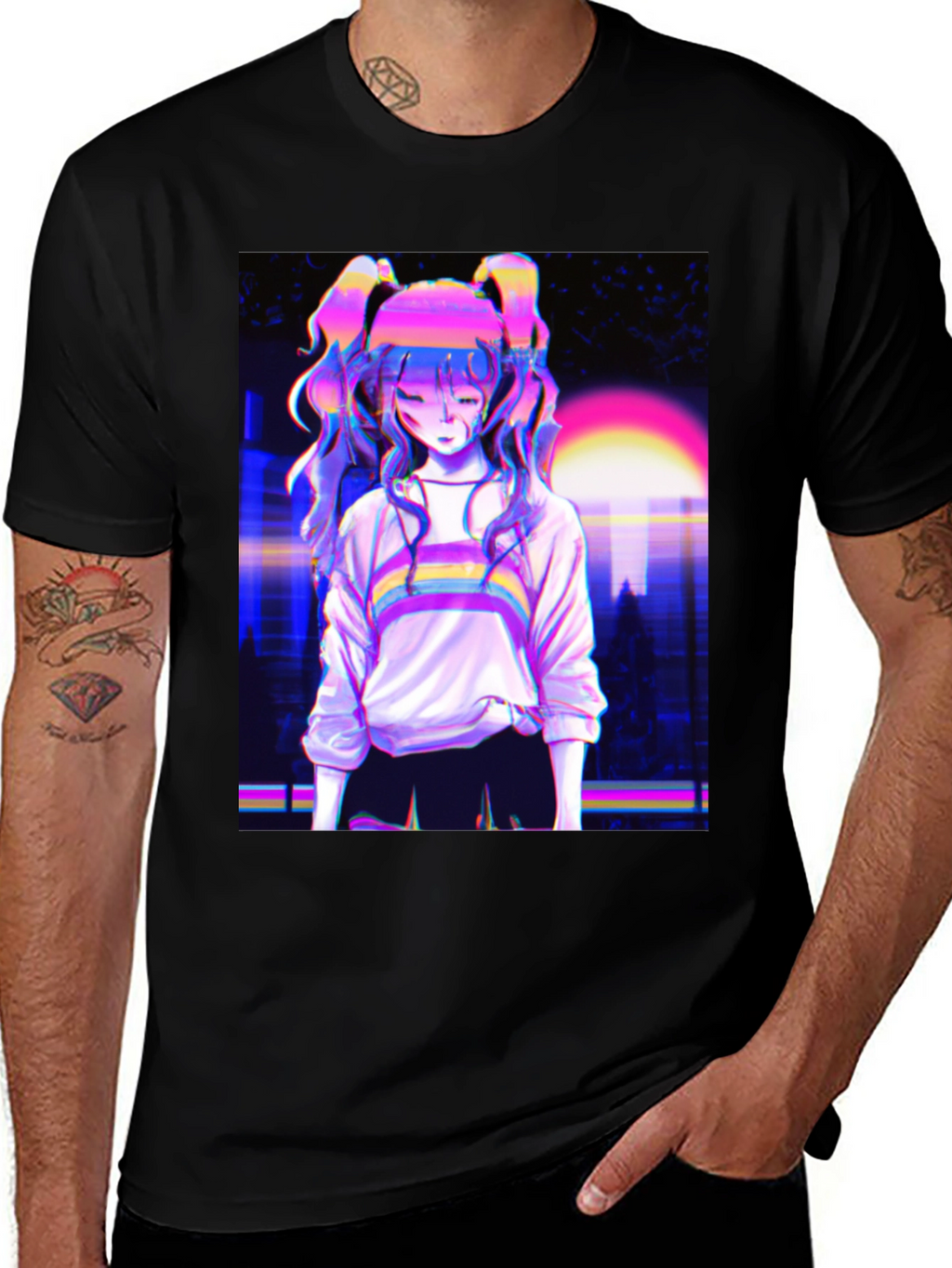 Vaporwave Anime Girl Graphic Black T-Shirt