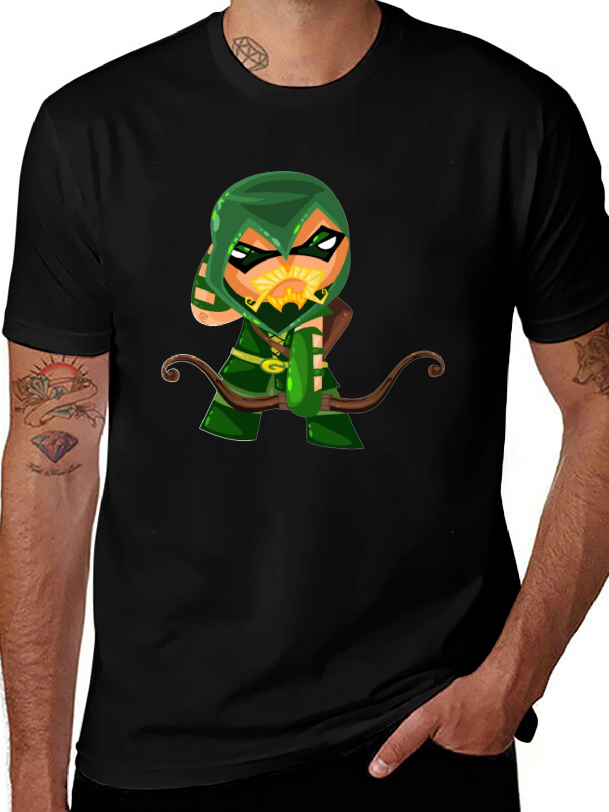 Green Arrow Cartoon Graphic Black T-Shirt