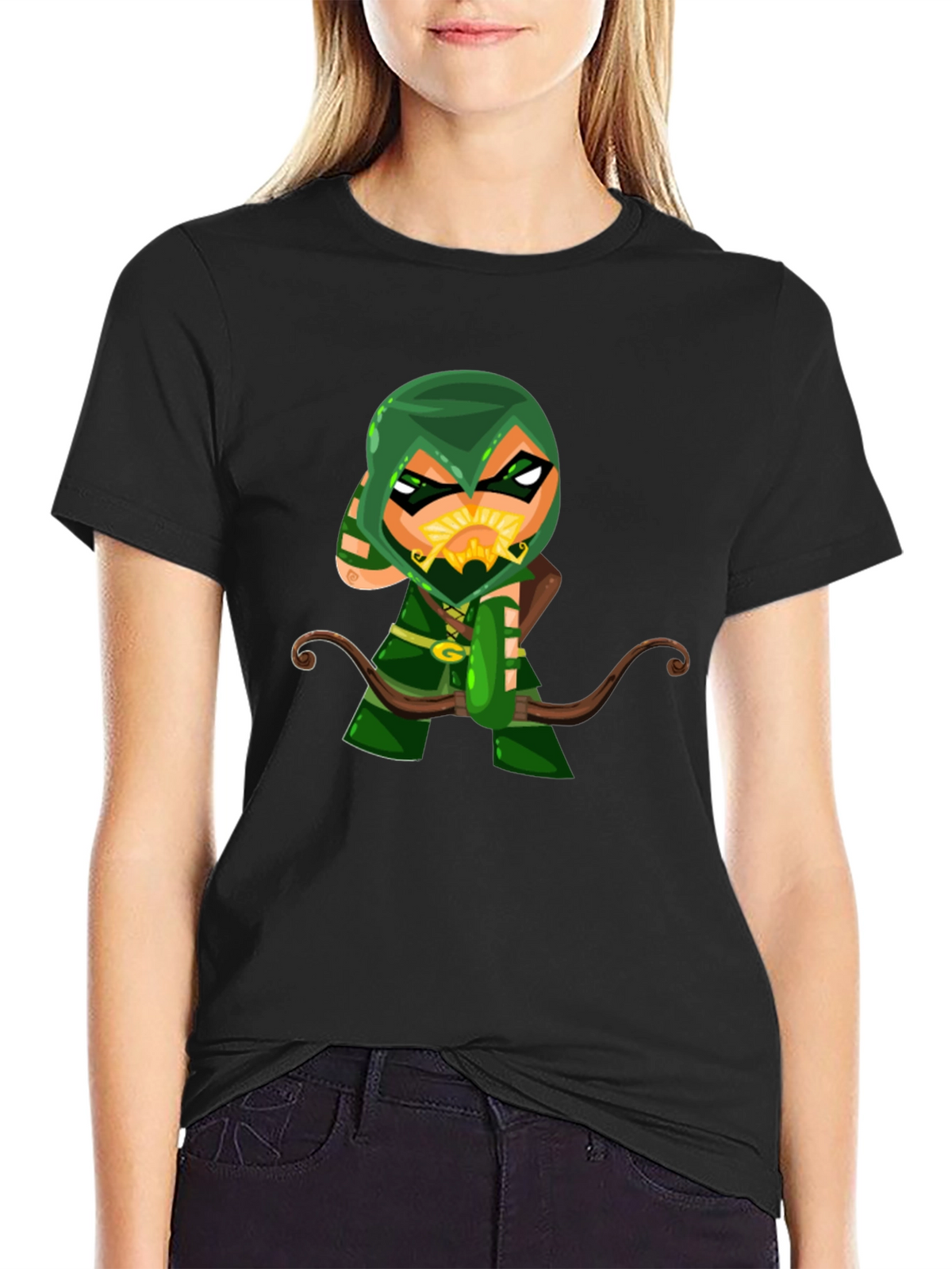 Green Arrow Cartoon Graphic Black T-Shirt