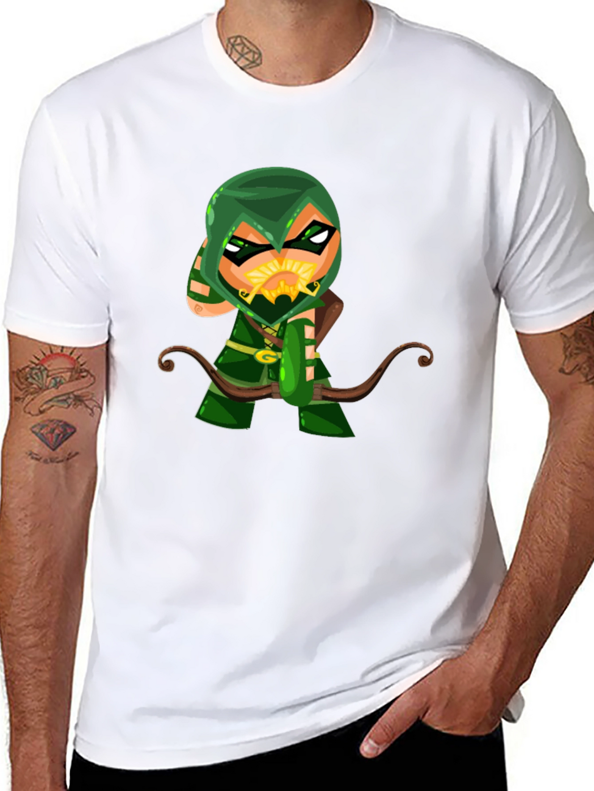 Green Arrow Cartoon Graphic Black T-Shirt