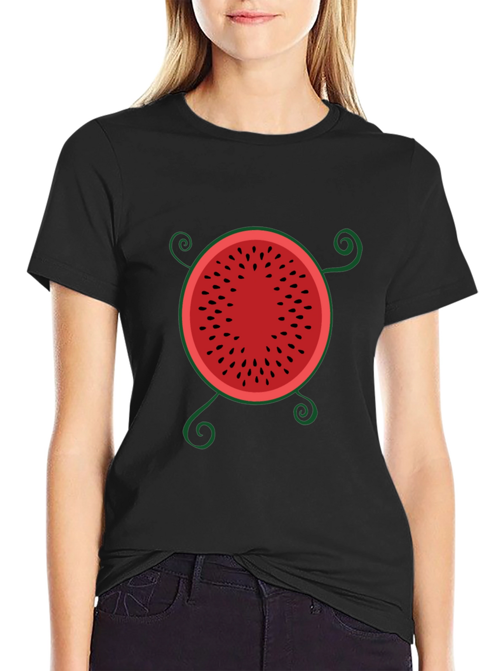 Whimsical Watermelon Graphic Tee - Black Cotton T-Shirt