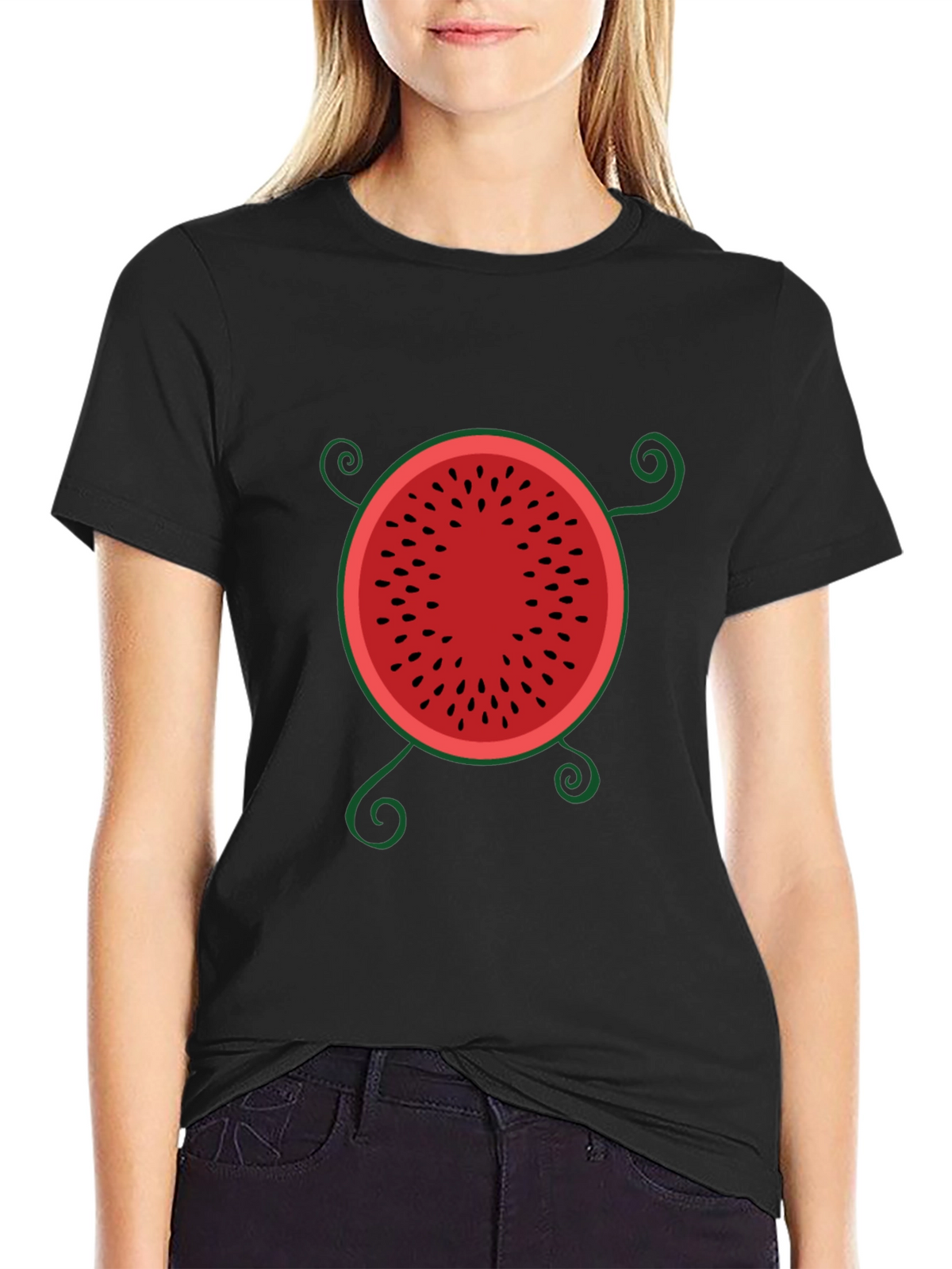 Whimsical Watermelon Graphic Tee - Black Cotton T-Shirt