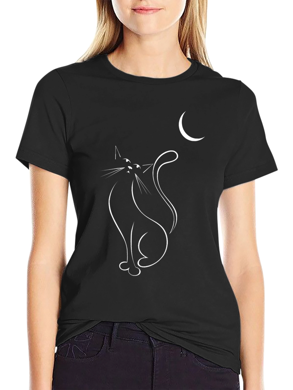 Cat and Moon Graphic Tee - Black