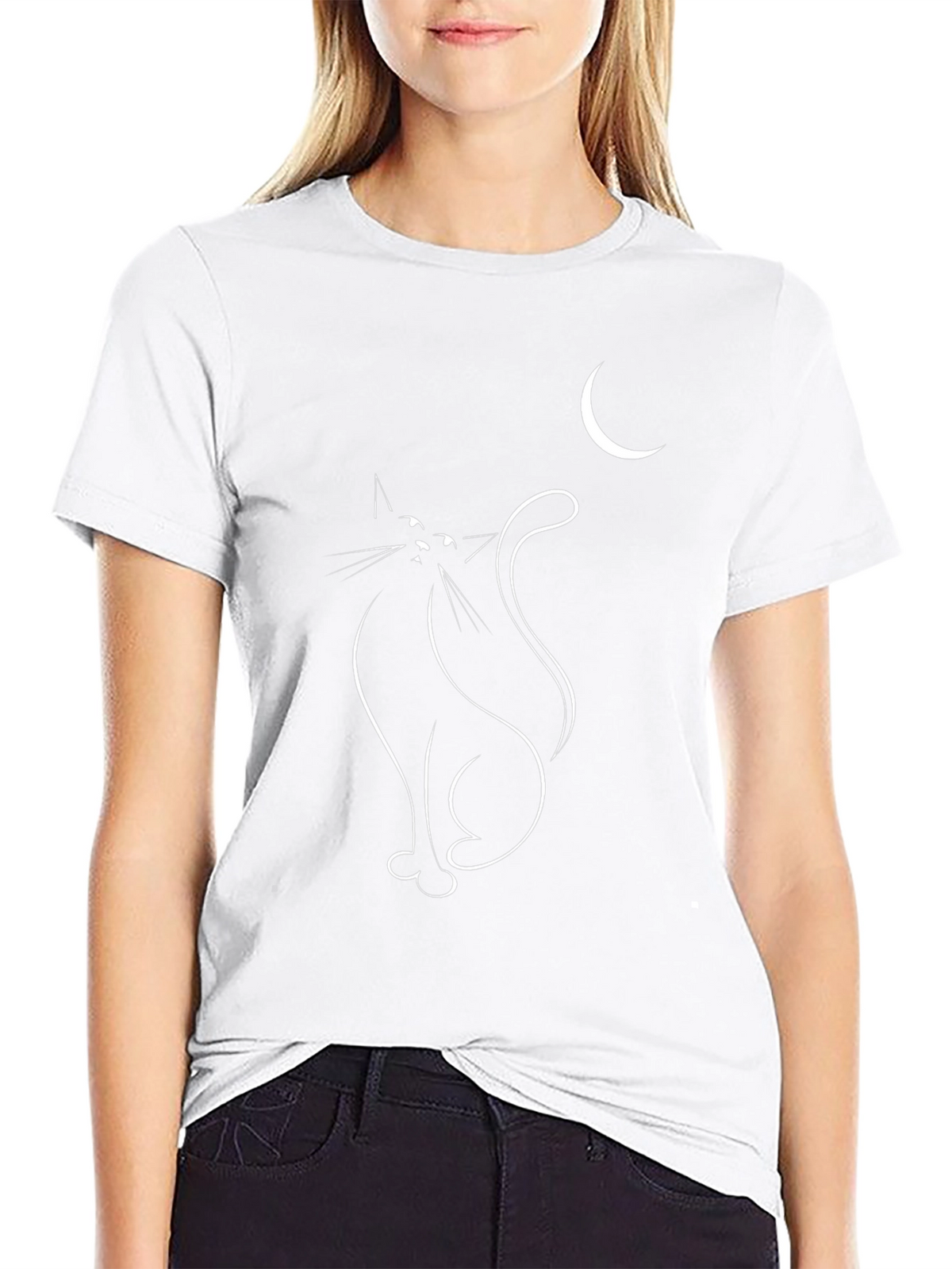 Cat and Moon Graphic Tee - Black
