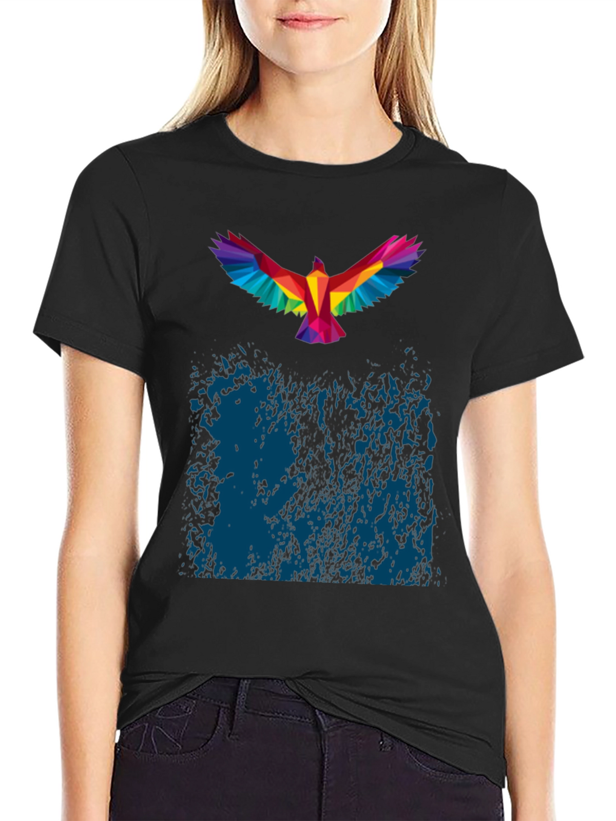 Geometric Rainbow Bird Print Black T-Shirt