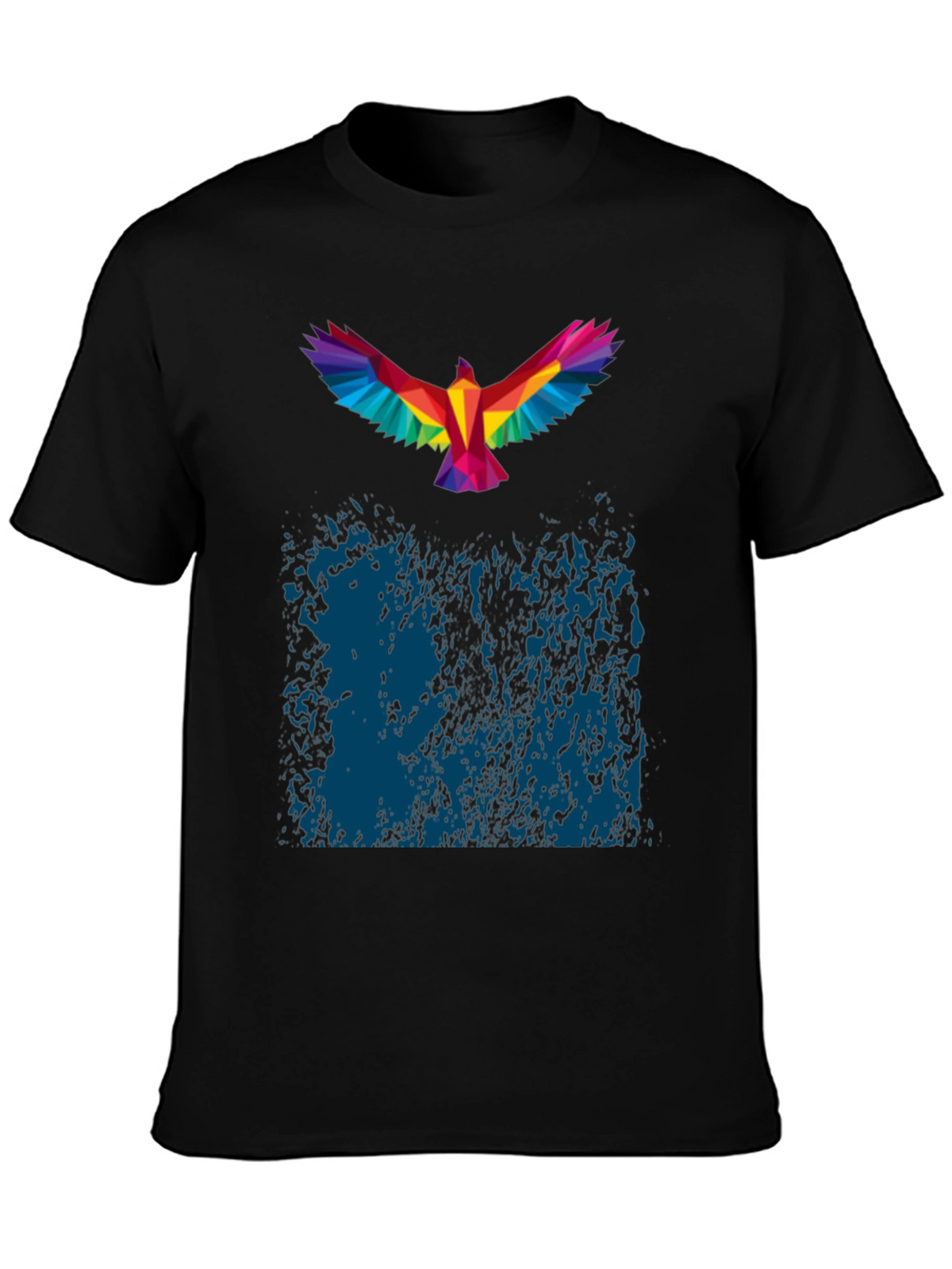 Geometric Rainbow Bird Print Black T-Shirt