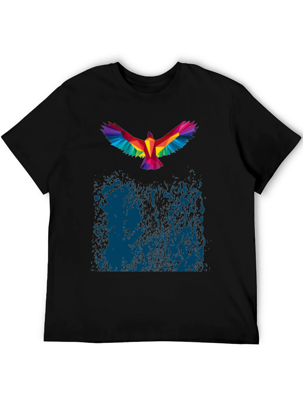Geometric Rainbow Bird Print Black T-Shirt