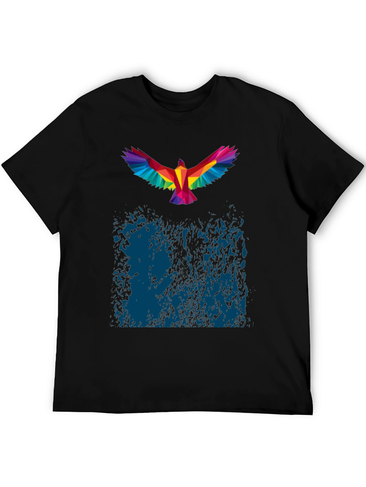 Geometric Rainbow Bird Print Black T-Shirt