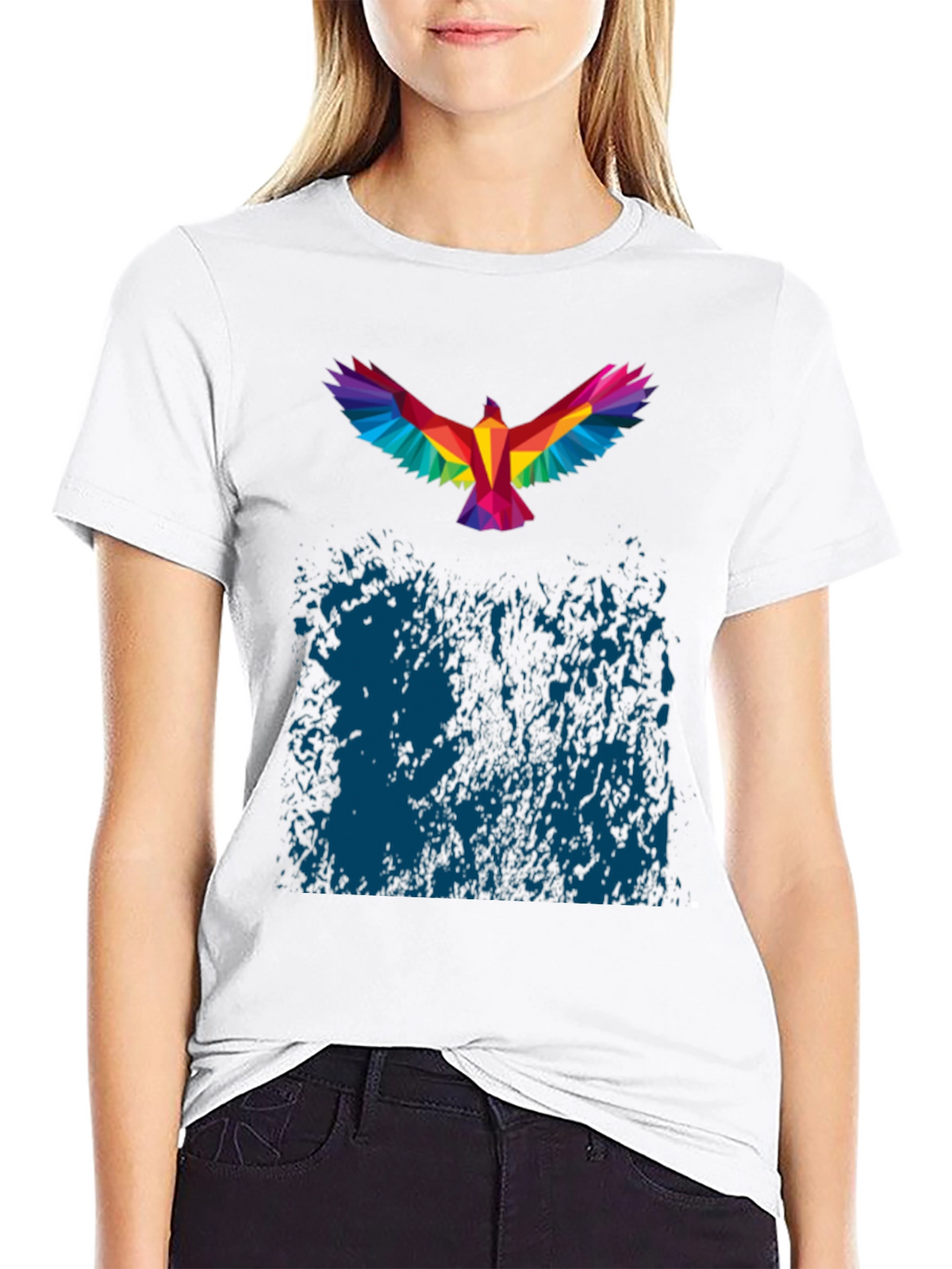 Geometric Rainbow Bird Print Black T-Shirt