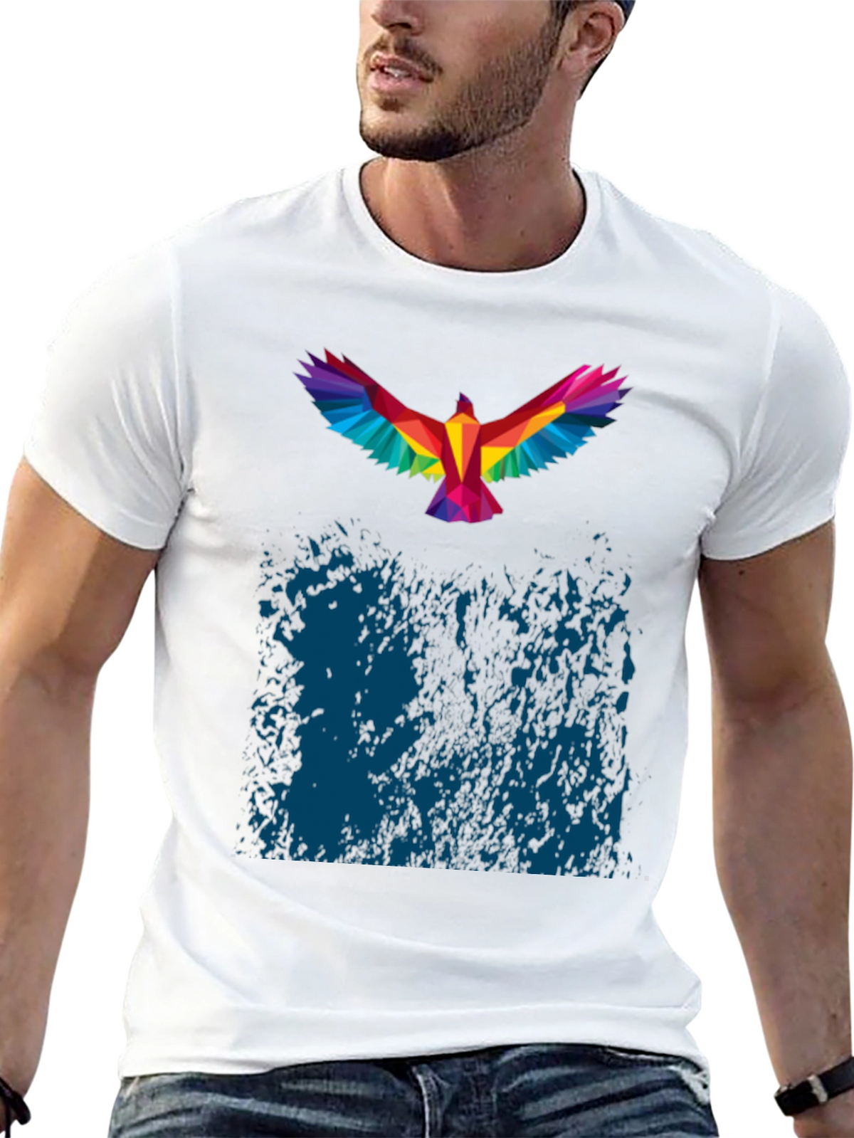Geometric Rainbow Bird Print Black T-Shirt