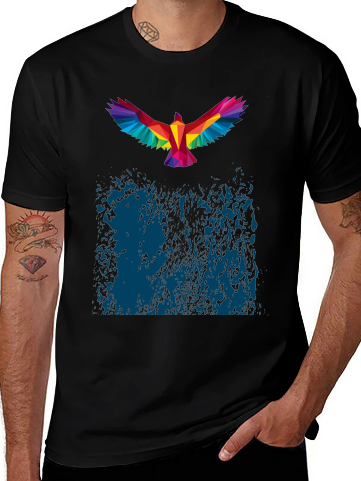 Geometric Rainbow Bird Print Black T-Shirt