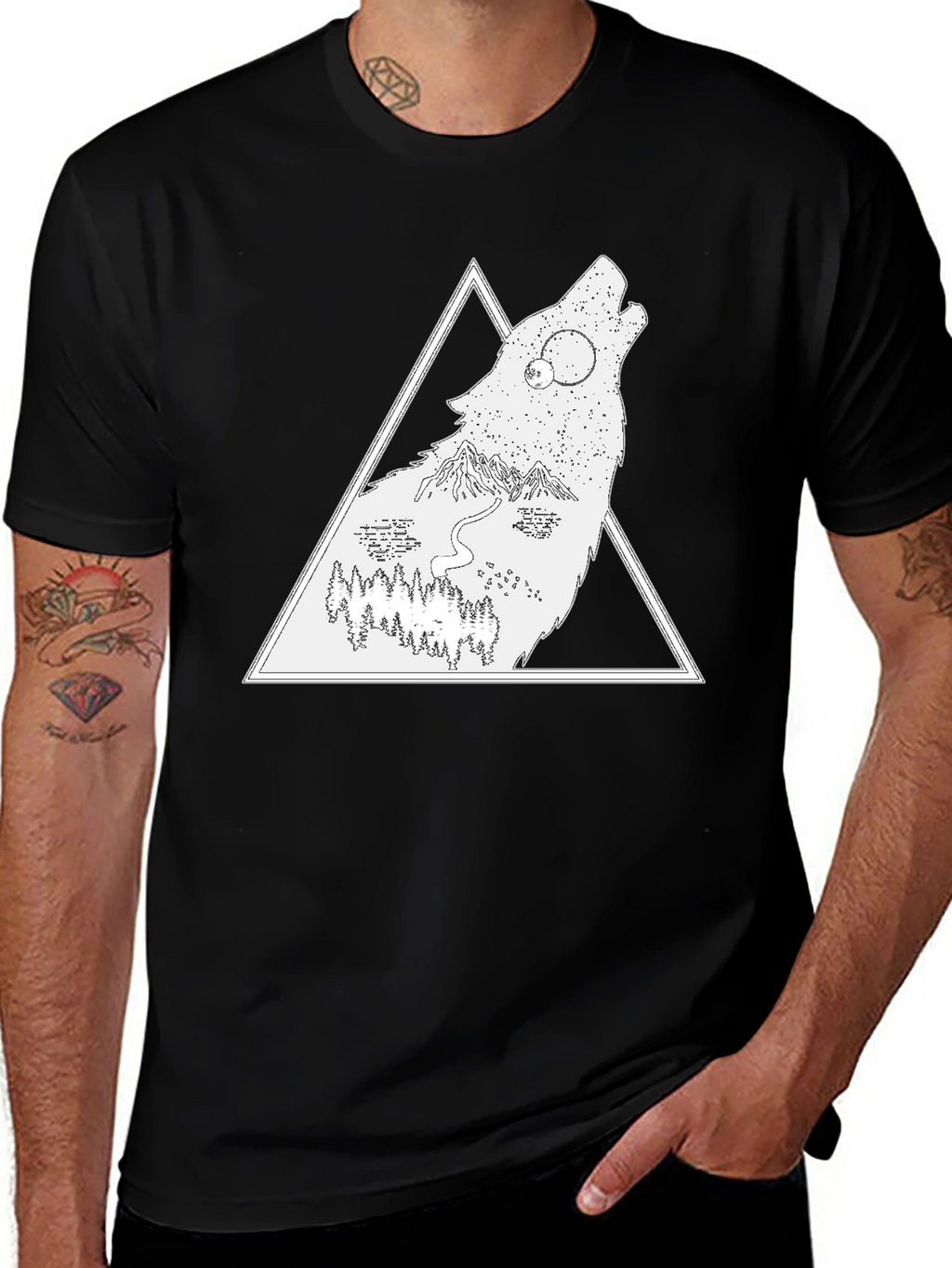 Wolf Nature Scene Graphic Tee - Black