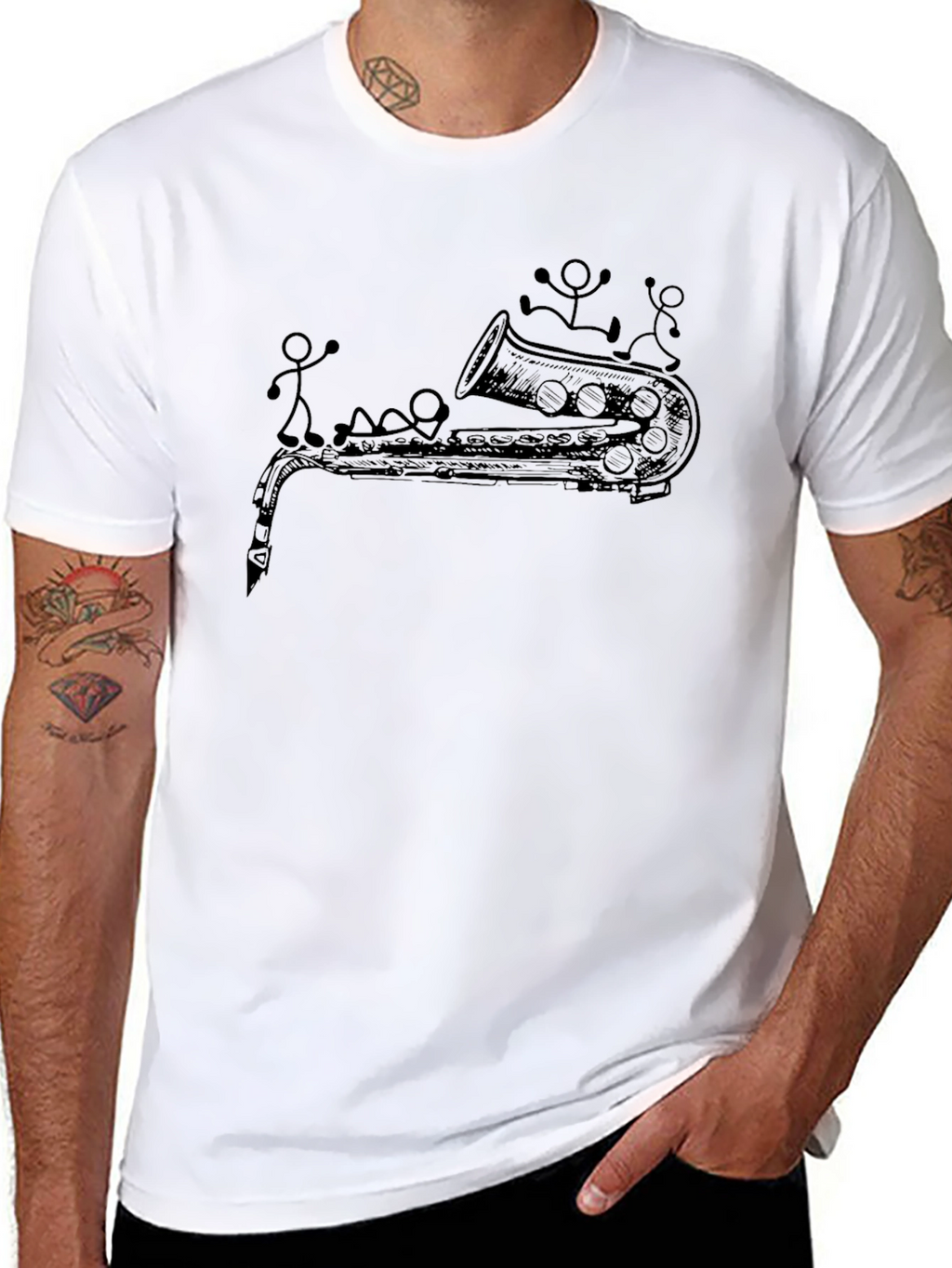 Saxophone & Stick Figures Graphic T-Shirt