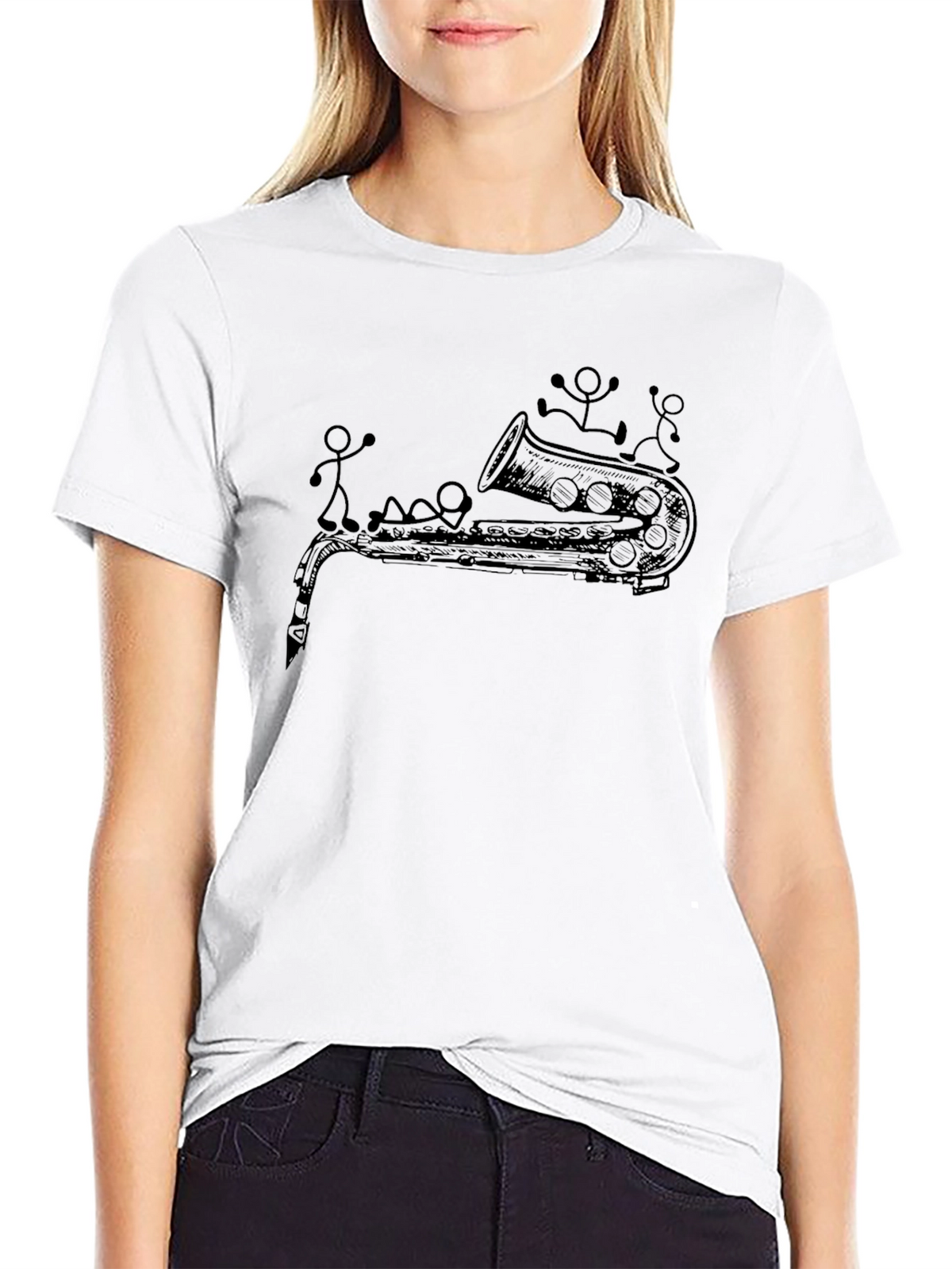 Saxophone & Stick Figures Graphic T-Shirt