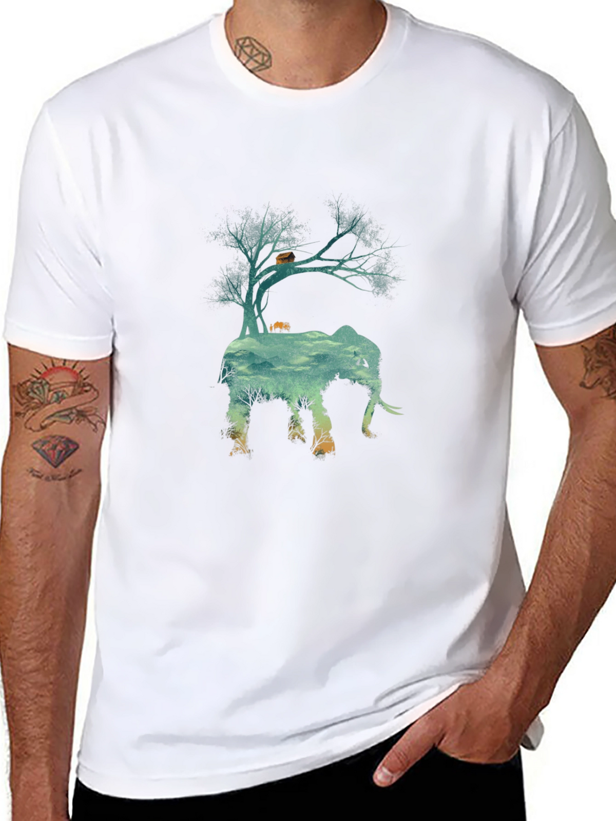Nature Elephant Graphic Tee - Black Crew Neck T-Shirt