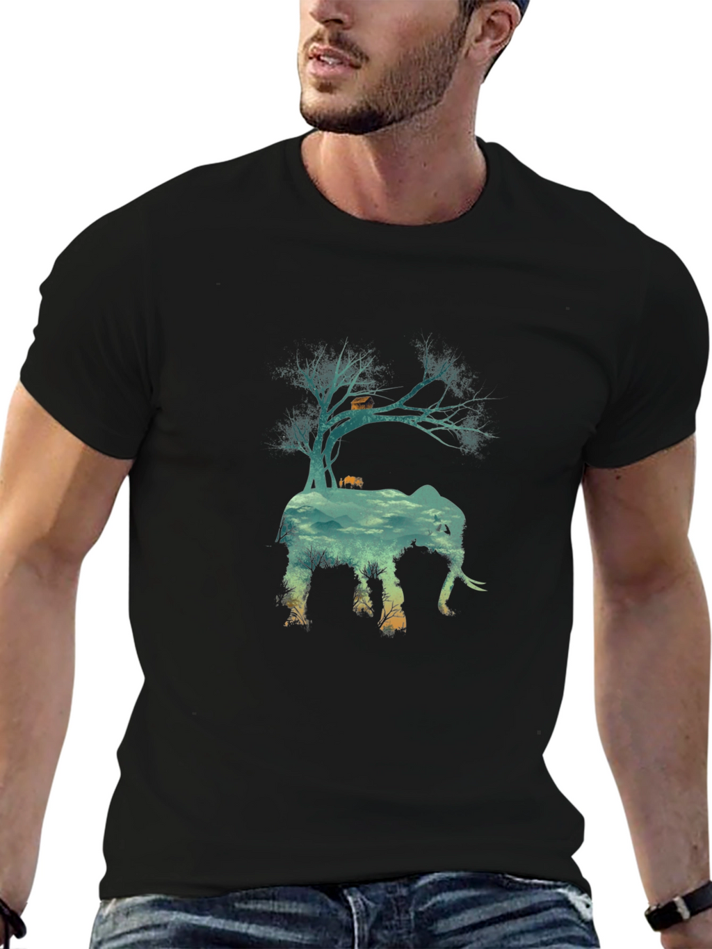 Nature Elephant Graphic Tee - Black Crew Neck T-Shirt