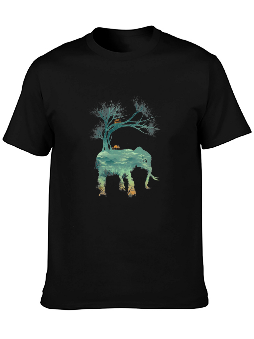 Nature Elephant Graphic Tee - Black Crew Neck T-Shirt