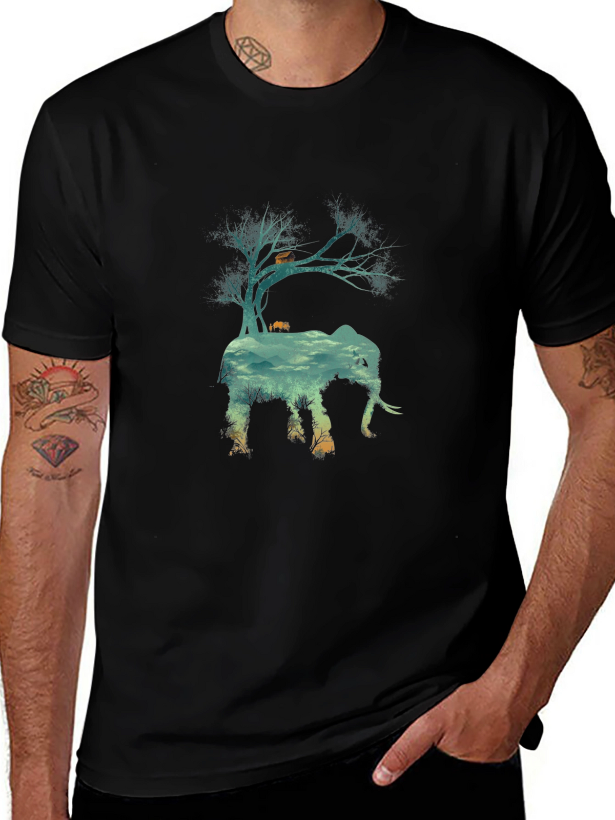 Nature Elephant Graphic Tee - Black Crew Neck T-Shirt