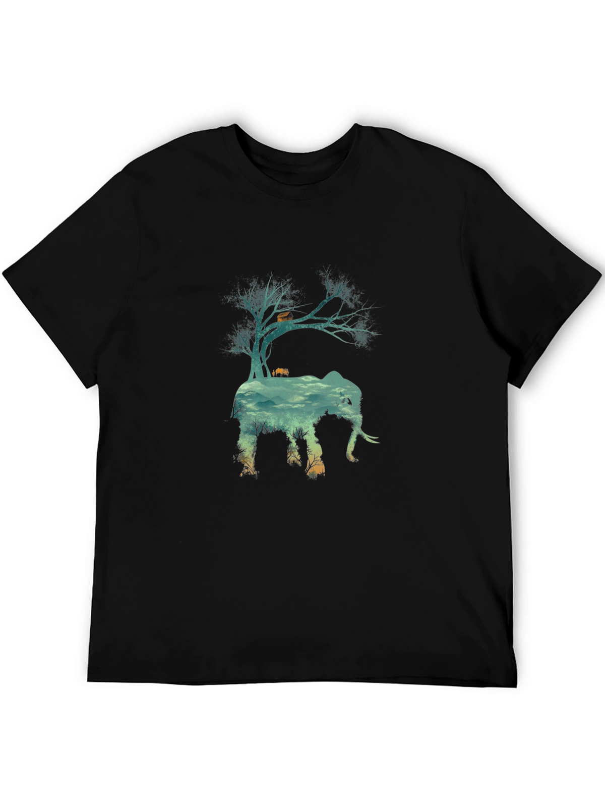Nature Elephant Graphic Tee - Black Crew Neck T-Shirt