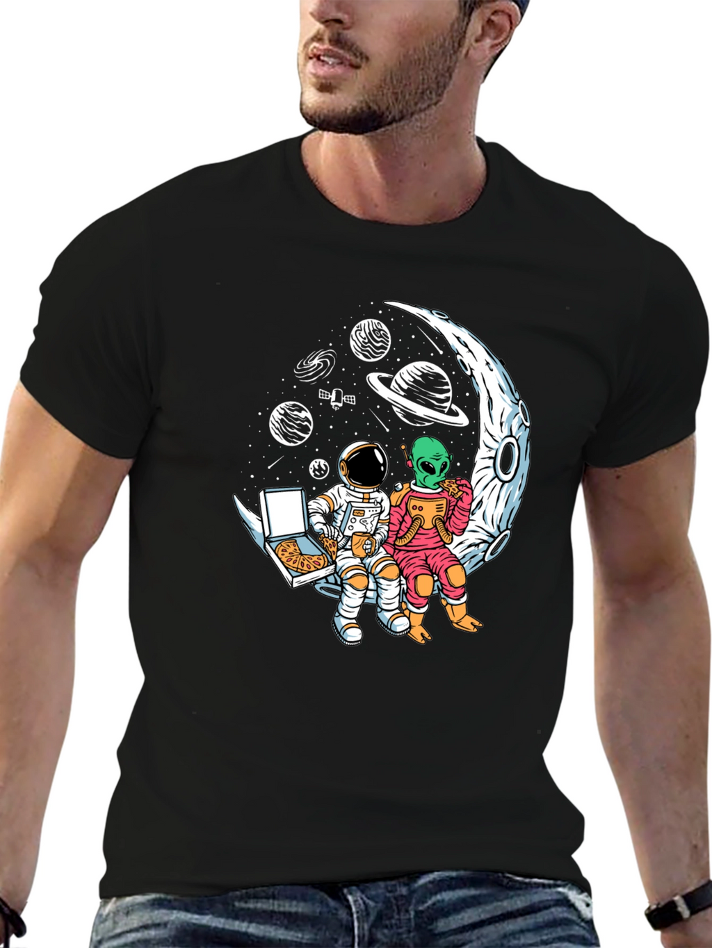 Astronaut & Alien Pizza Moon Graphic Tee