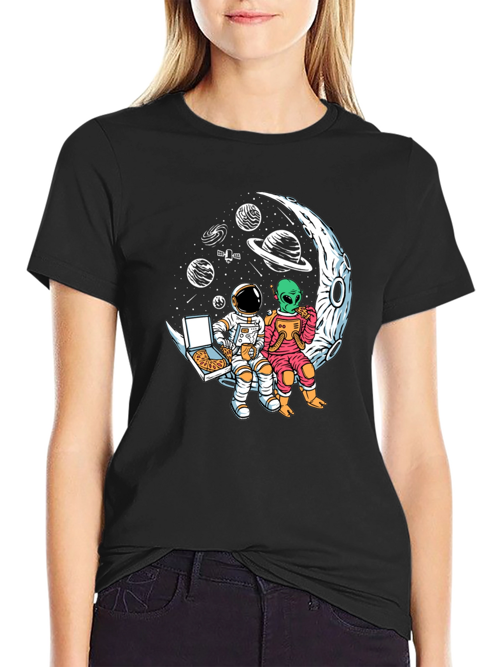 Astronaut & Alien Pizza Moon Graphic Tee