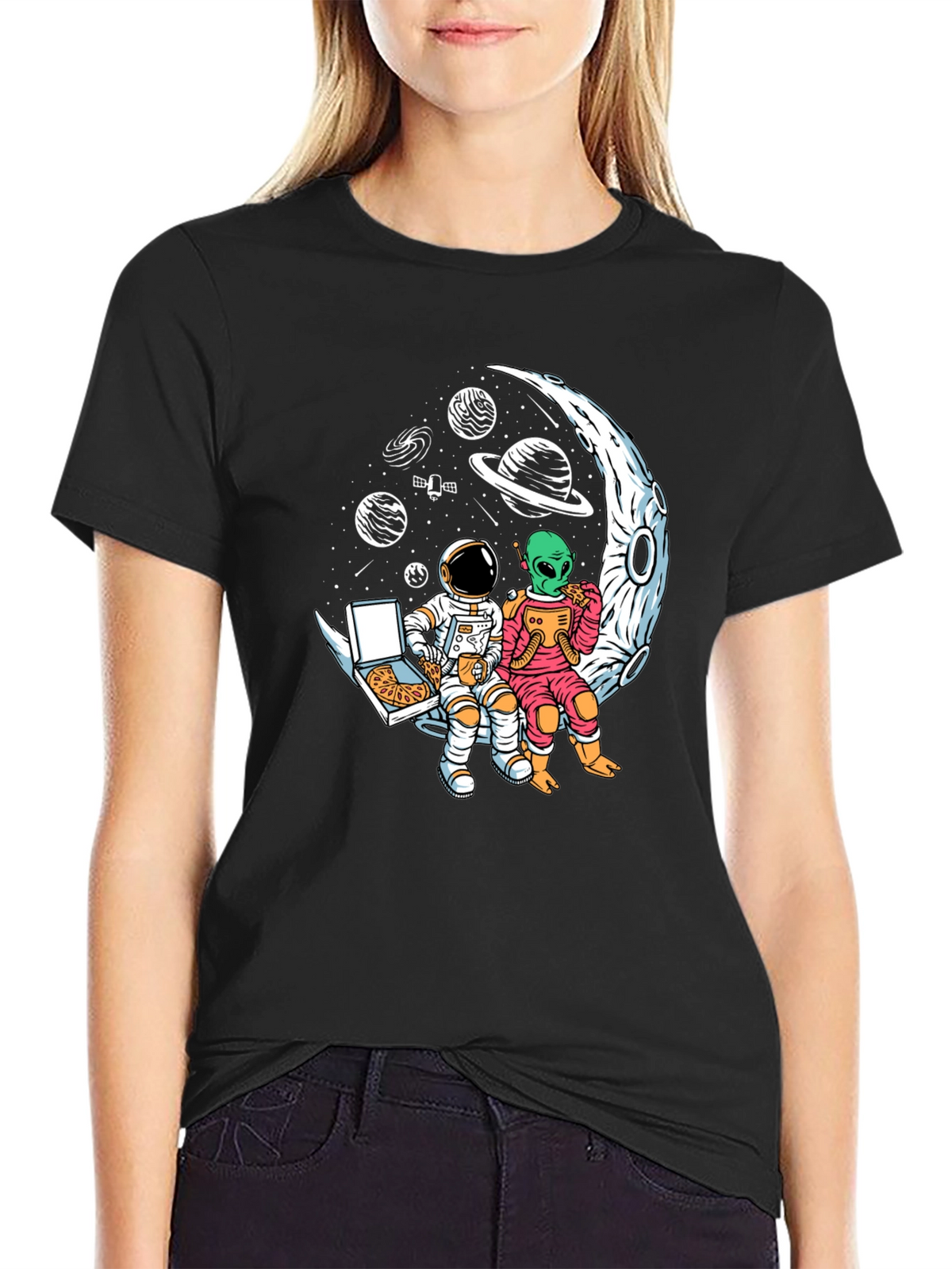 Astronaut & Alien Pizza Moon Graphic Tee