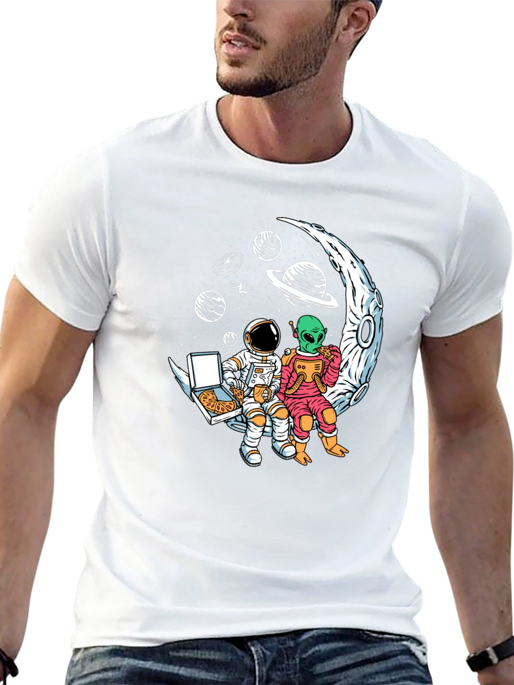 Astronaut & Alien Pizza Moon Graphic Tee