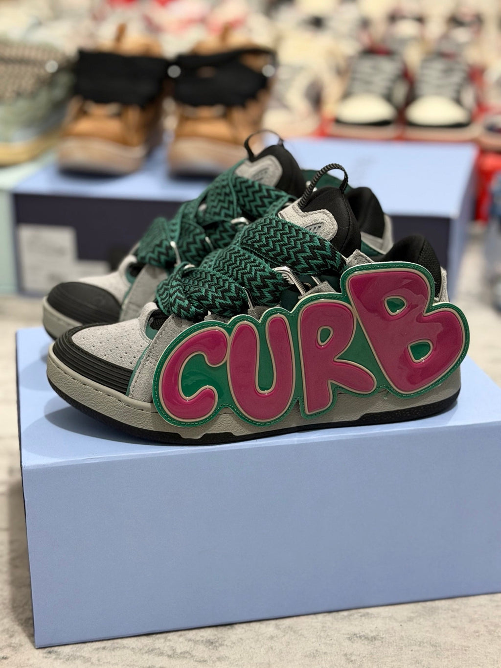 ✨ Iconic Lanvin Curb Low-Top Skate Sneakers - Green Pink Leather Mesh Statement Shoes