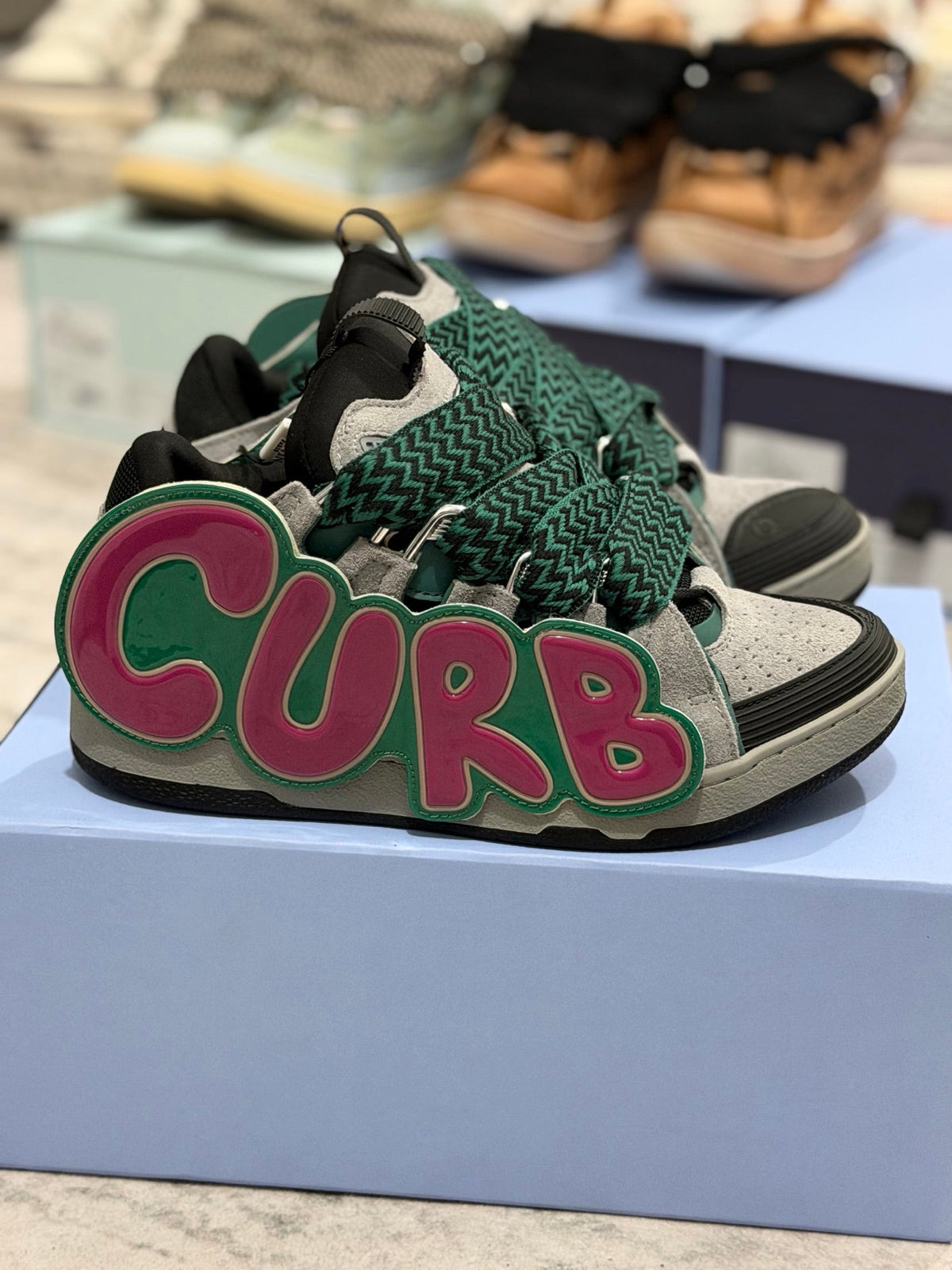 ✨ Iconic Lanvin Curb Low-Top Skate Sneakers - Green Pink Leather Mesh Statement Shoes