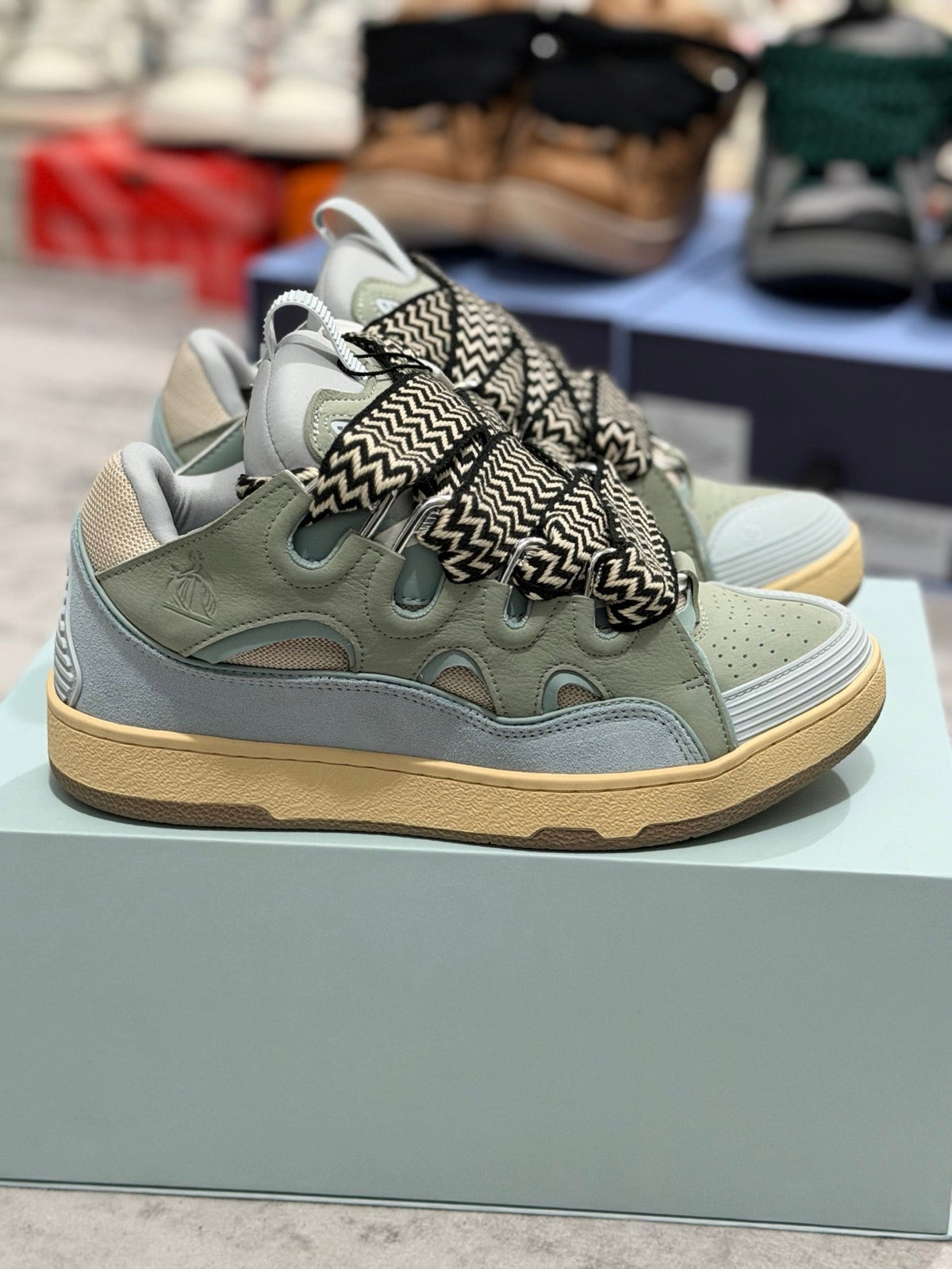 🌿 Trendy Lanvin Curb Low-Top Skate Sneakers - Sage Green Leather Suede Mesh Head-Turners