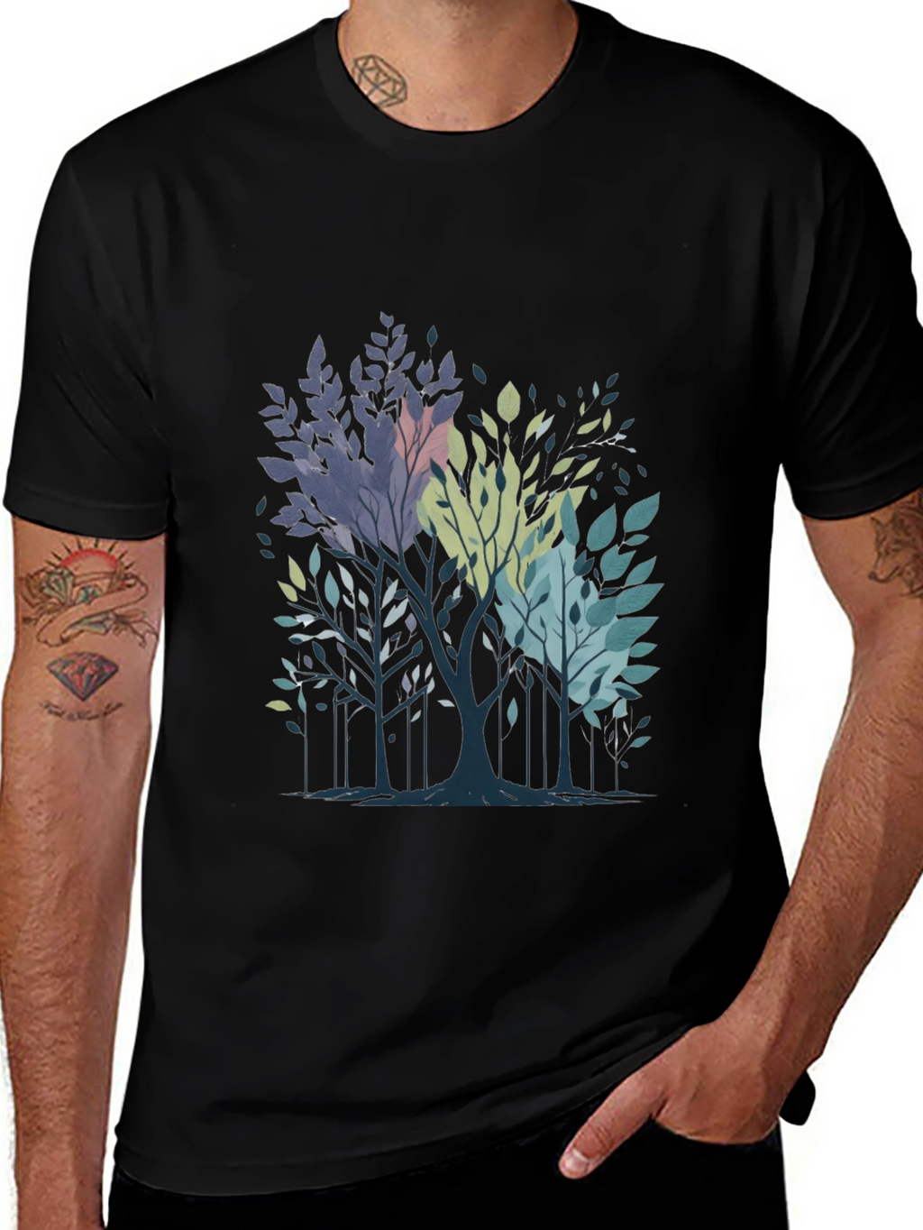 Abstract Trees Graphic Print Black T-Shirt