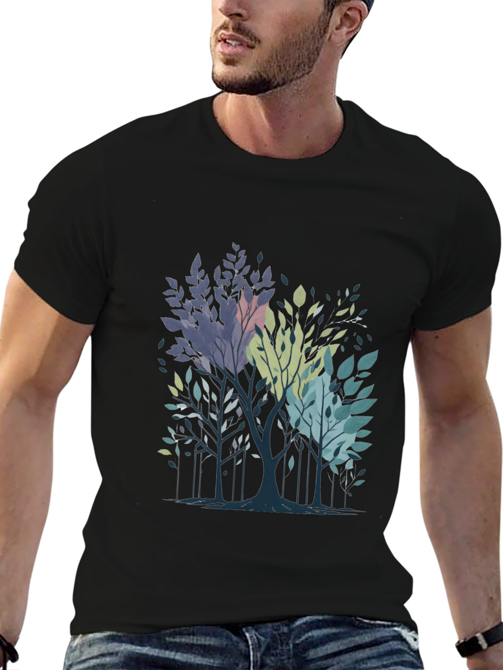 Abstract Trees Graphic Print Black T-Shirt