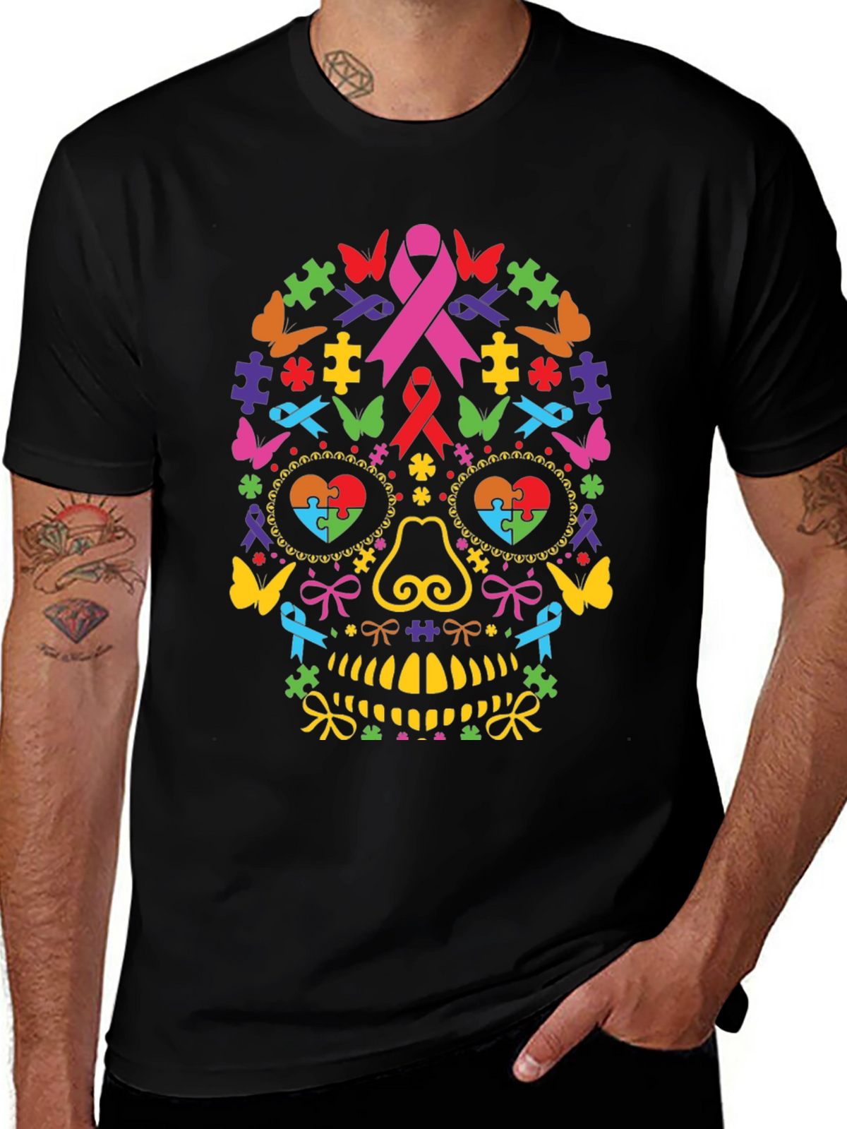 Autism Awareness Ribbon Sugar Skull Graphic Tee