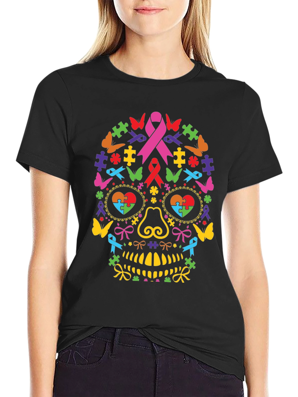 Autism Awareness Ribbon Sugar Skull Graphic Tee