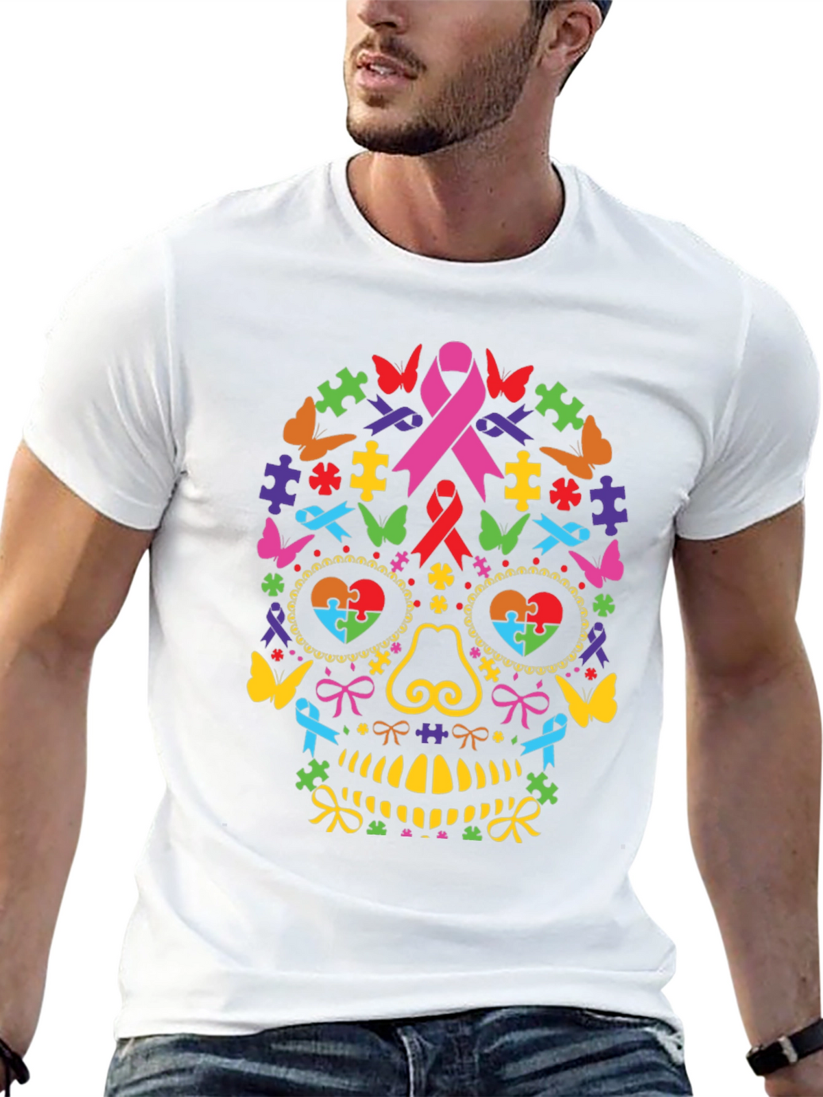 Autism Awareness Ribbon Sugar Skull Graphic Tee