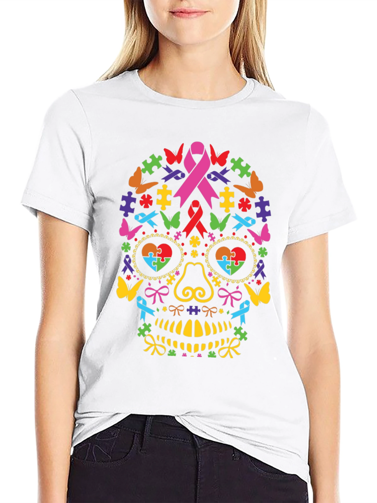 Autism Awareness Ribbon Sugar Skull Graphic Tee