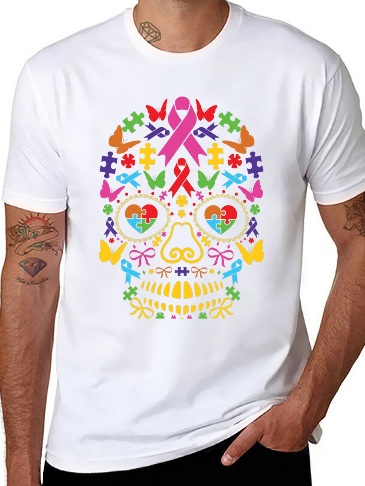 Autism Awareness Ribbon Sugar Skull Graphic Tee