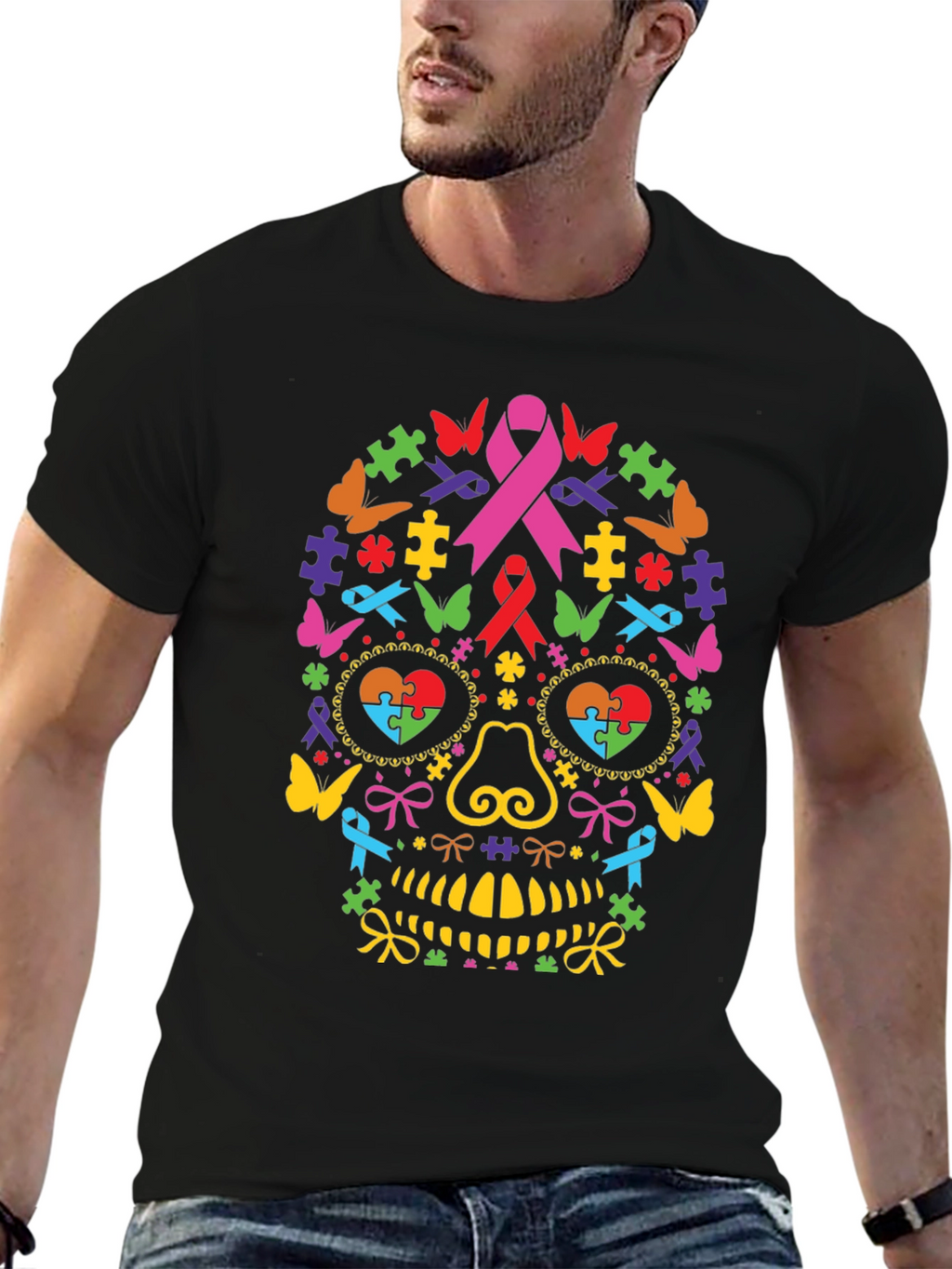 Autism Awareness Ribbon Sugar Skull Graphic Tee
