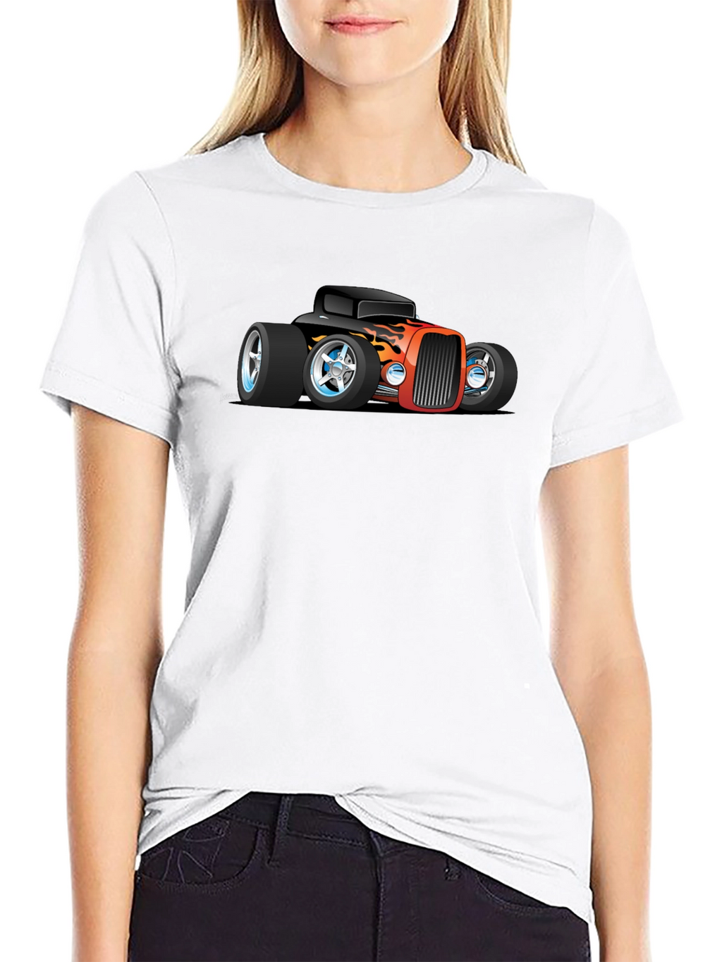 Cartoon Hot Rod Car Graphic Black T-Shirt