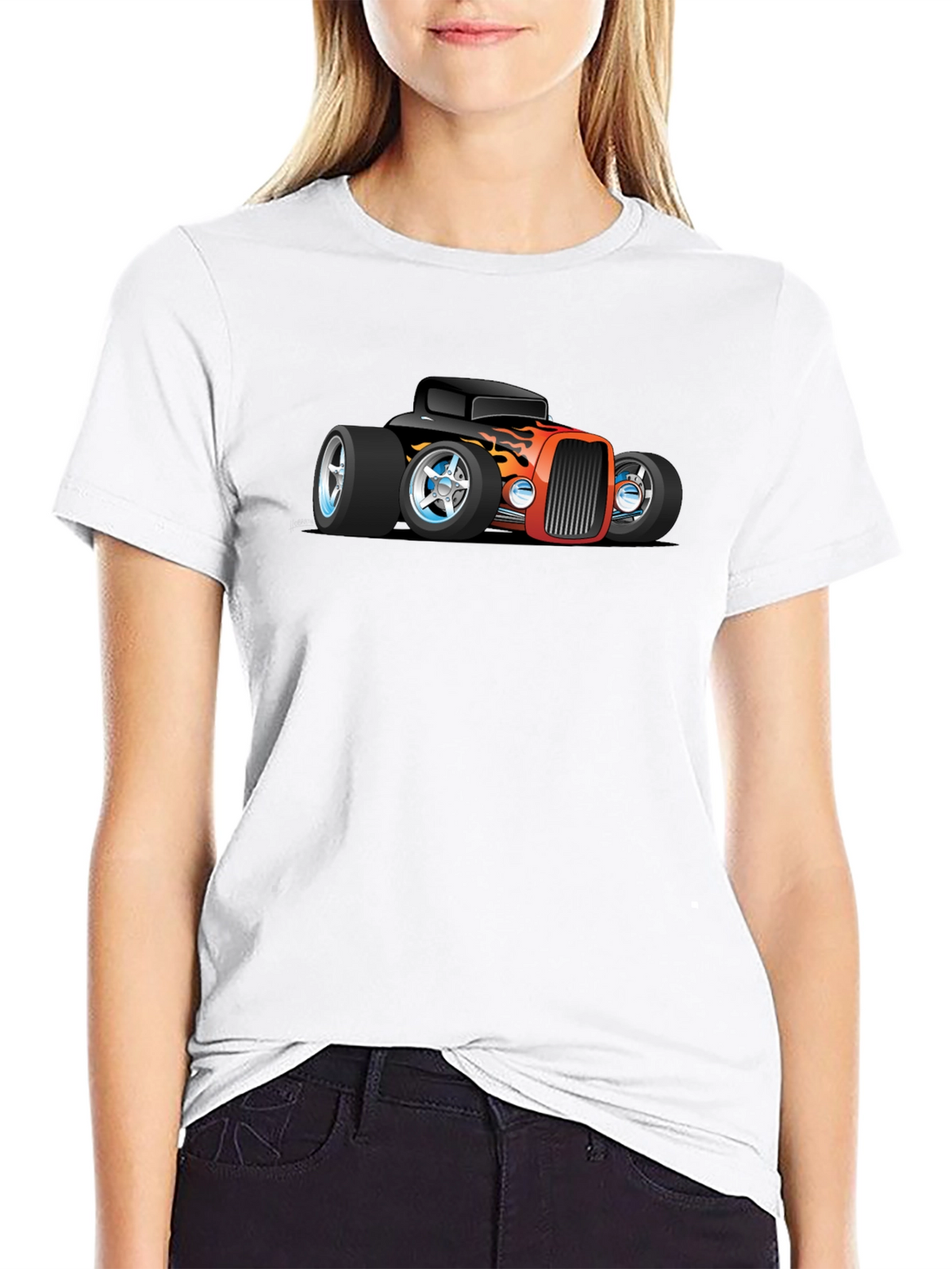 Cartoon Hot Rod Car Graphic Black T-Shirt