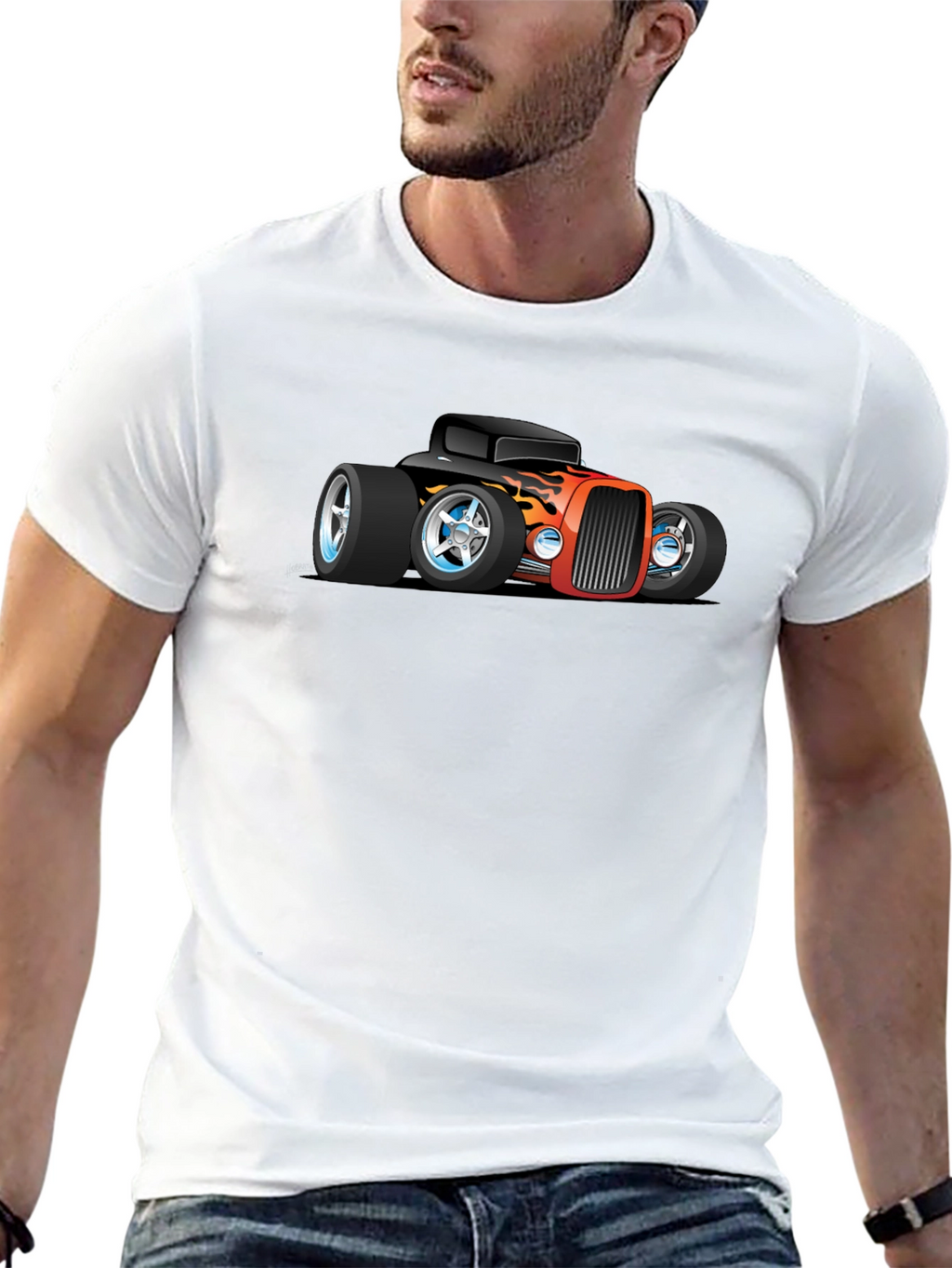 Cartoon Hot Rod Car Graphic Black T-Shirt
