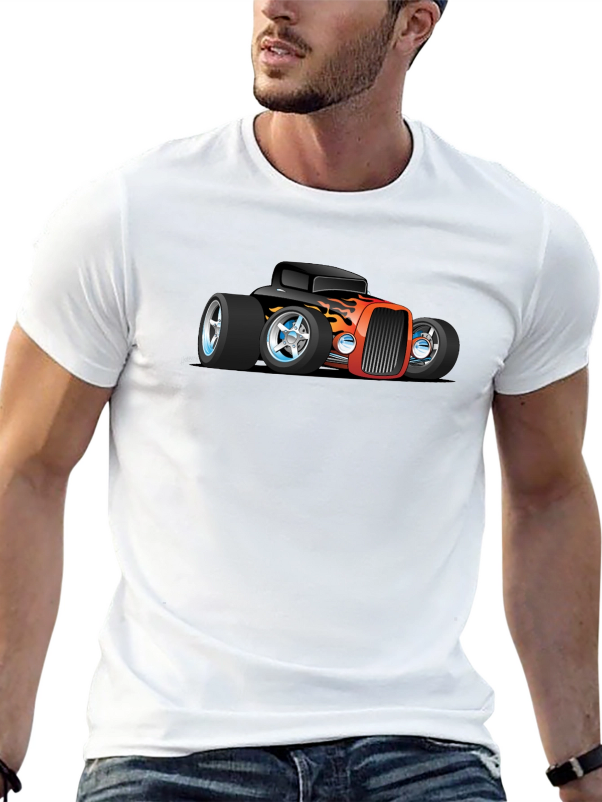 Cartoon Hot Rod Car Graphic Black T-Shirt