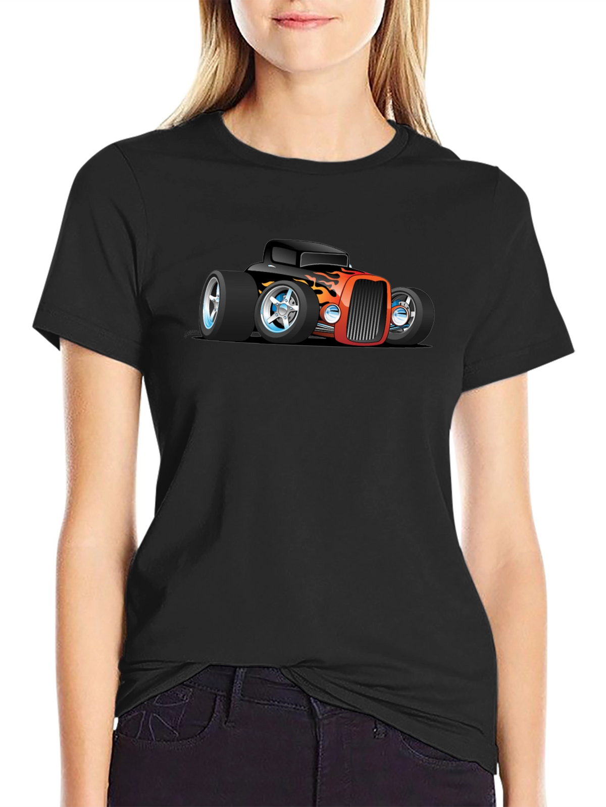 Cartoon Hot Rod Car Graphic Black T-Shirt