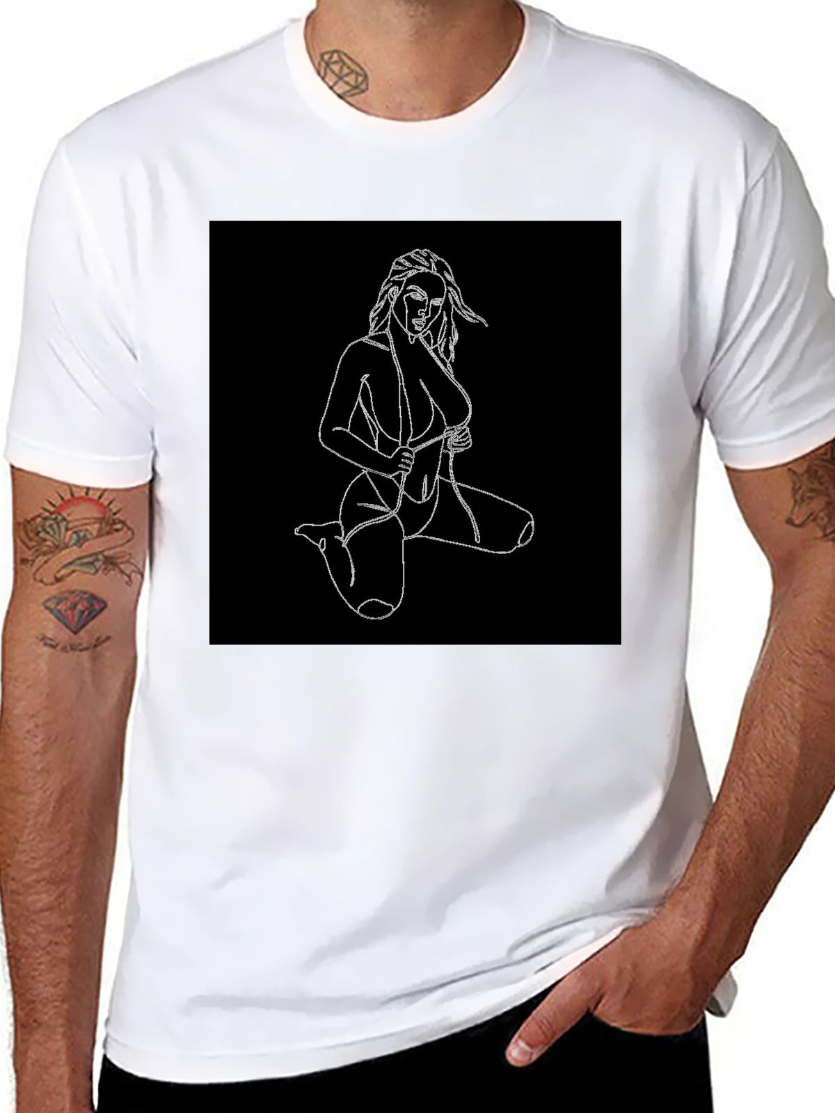 Black T-Shirt with Line Art Woman Design
