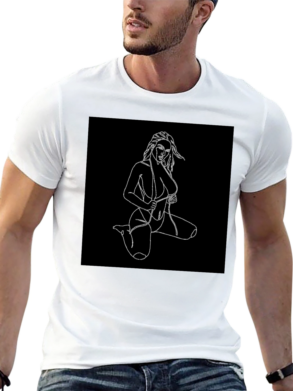 Black T-Shirt with Line Art Woman Design