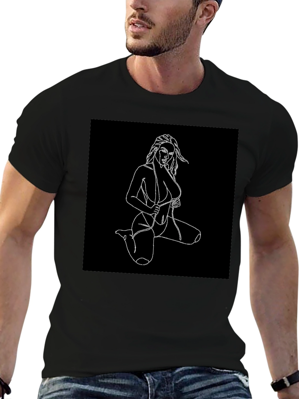 Black T-Shirt with Line Art Woman Design