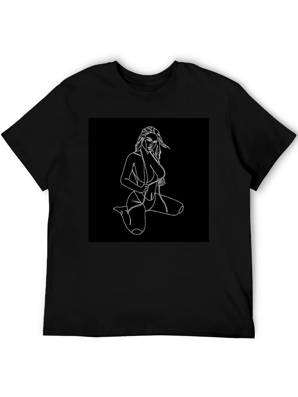 Black T-Shirt with Line Art Woman Design
