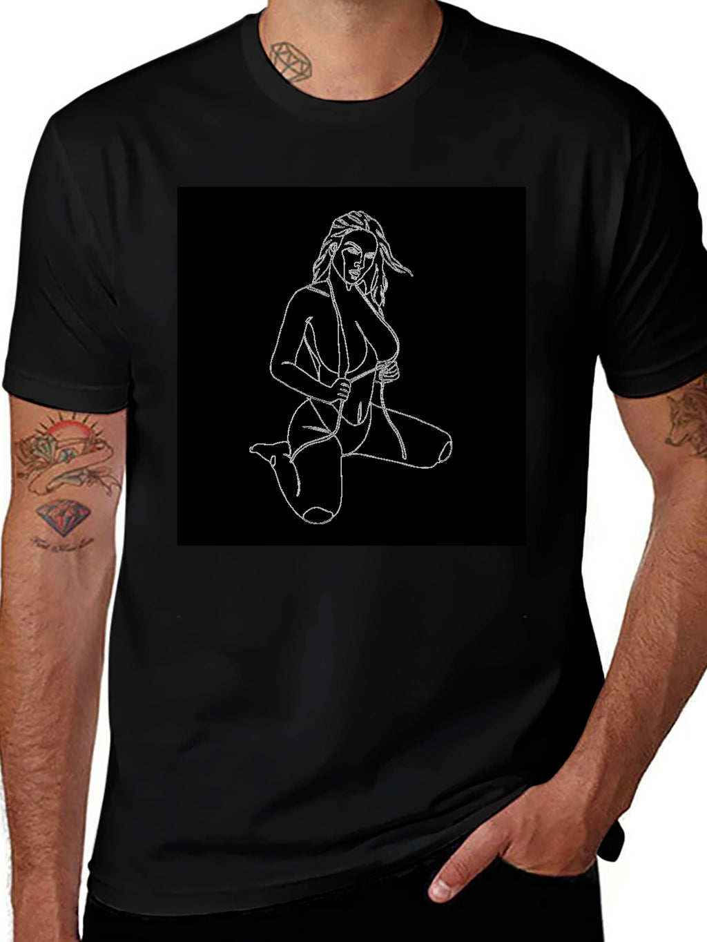 Black T-Shirt with Line Art Woman Design